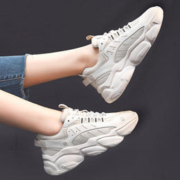 Damskie Sneakersy Wodoodporne na Platformie ze Średnim Obcasem, Sznurowane, Okrągły Nosek, Beżowe