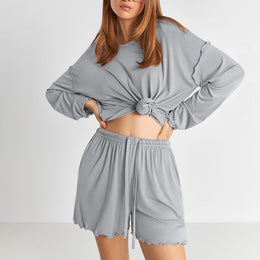 Damski Wiosenny Komplet Piżamowy Rayon Bluzka z Długim Rękawem i Szorty