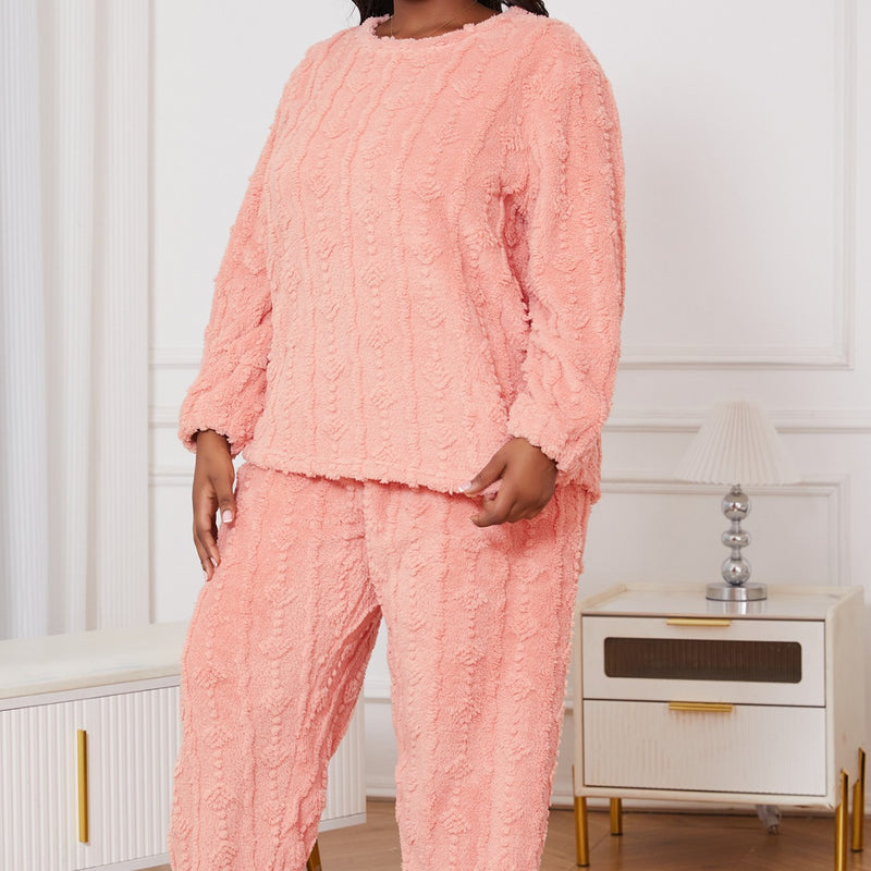 Damski Zestaw Piżamowy Plus Size Z Okrągłym Dekoltem I Długimi Spodniami