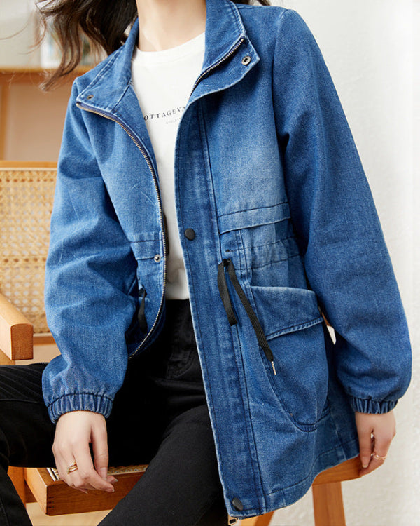 Damska Wiosenna Kurtka Denim Blend Zapinana Na Guziki Z Detalem Goat Skin O Strukturalnym Kroju