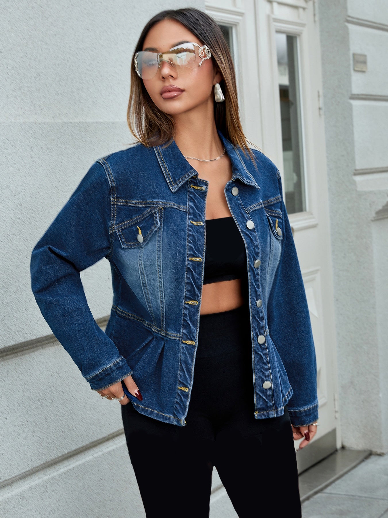 Damska Wiosenna Krótka Kurtka Denim Blend Z Regulowanym Sznurkiem W Talii Z Dekoracyjnymi Kieszeniami