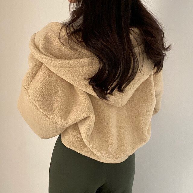 Damski Jesienny Pulower z Kapturem, Luźny Krój i Fakturą Baranka, Długie Rękawy