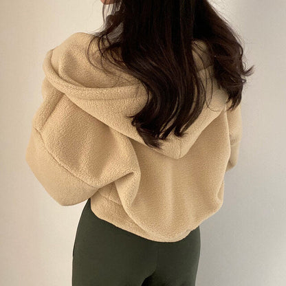 Damski Jesienny Pulower z Kapturem, Luźny Krój i Fakturą Baranka, Długie Rękawy