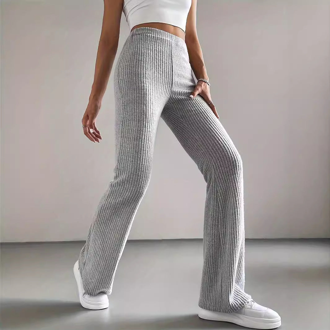 Damskie Spodnie Prążkowane Bootcut Z Dopasowaną Talią I Rozszerzanymi Nogawkami