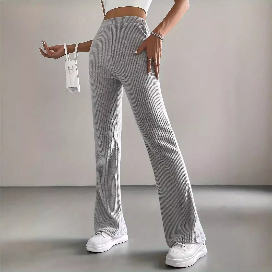 Damskie Spodnie Prążkowane Bootcut Z Dopasowaną Talią I Rozszerzanymi Nogawkami