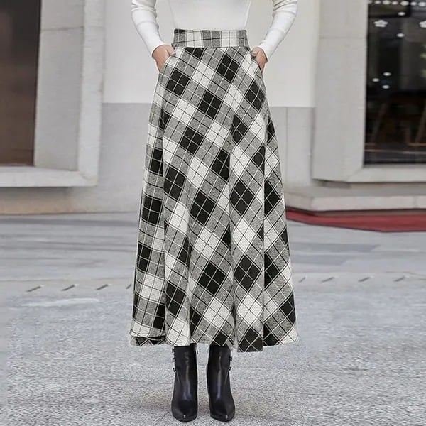 Damska Jesienna Spódnica W Kratę Z Wysokim Stanem I Falbaną U Dołu
