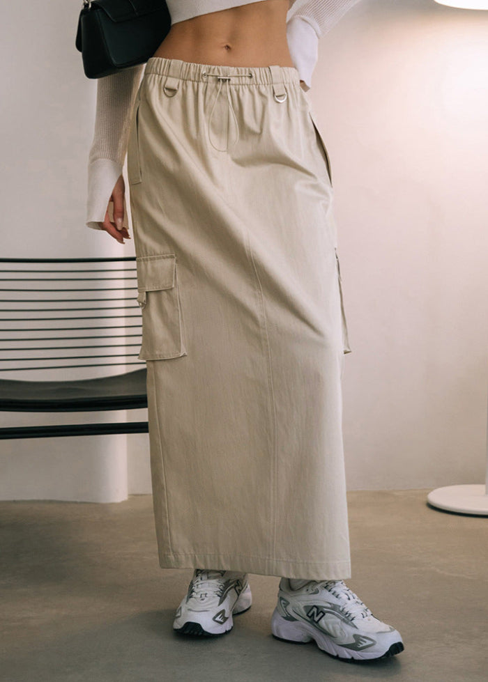 Woman Spring Skirt with High Waist Drawstring and Side Pockets