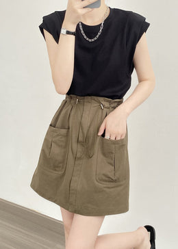 Women Spring Mini Skirt With Drawstring Waist A-Line Cut And Pockets