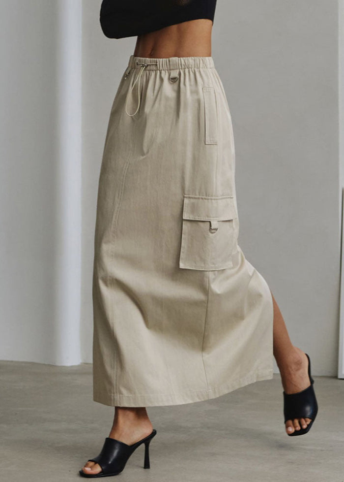 Woman Spring Skirt with High Waist Drawstring and Side Pockets