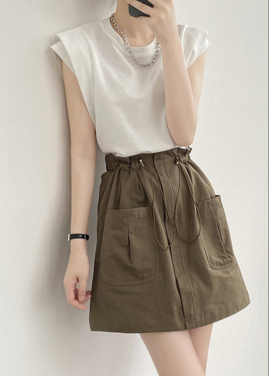 Women Spring Mini Skirt With Drawstring Waist A-Line Cut And Pockets