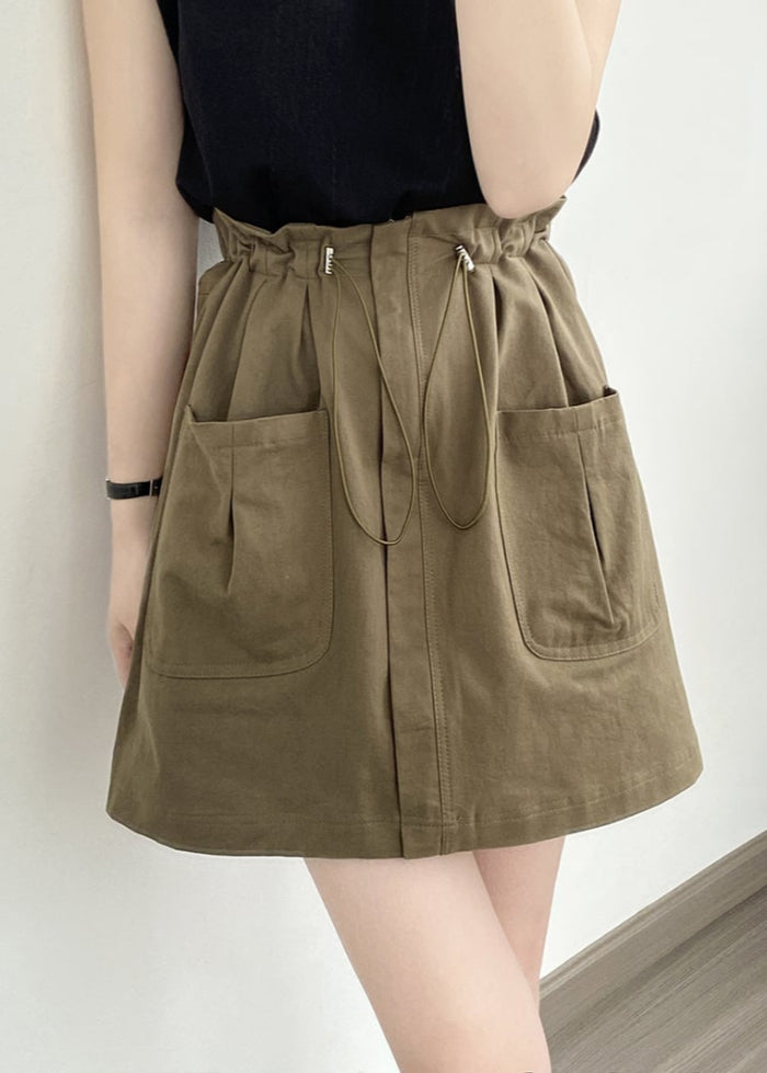 Women Spring Mini Skirt With Drawstring Waist A-Line Cut And Pockets