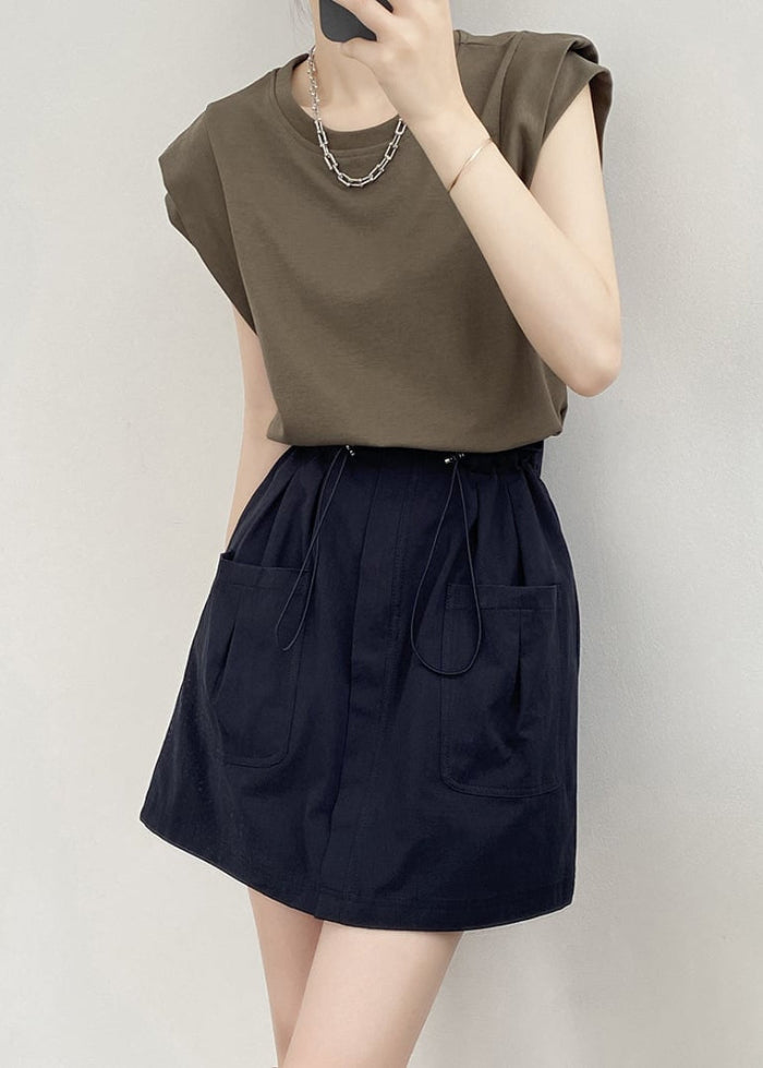 Women Spring Mini Skirt With Drawstring Waist A-Line Cut And Pockets