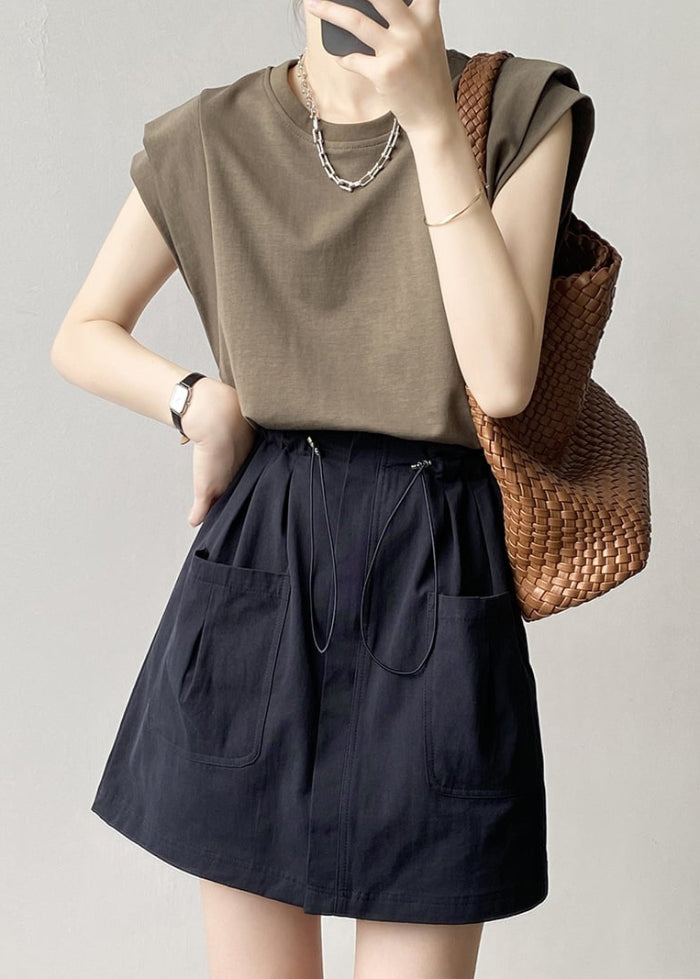 Women Spring Mini Skirt With Drawstring Waist A-Line Cut And Pockets