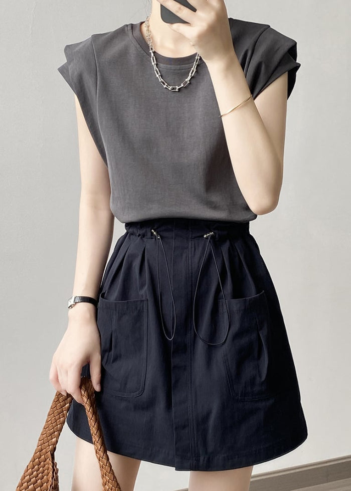 Women Spring Mini Skirt With Drawstring Waist A-Line Cut And Pockets