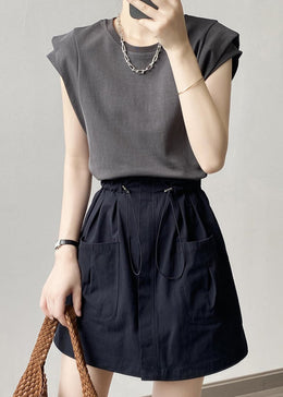 Women Spring Mini Skirt With Drawstring Waist A-Line Cut And Pockets