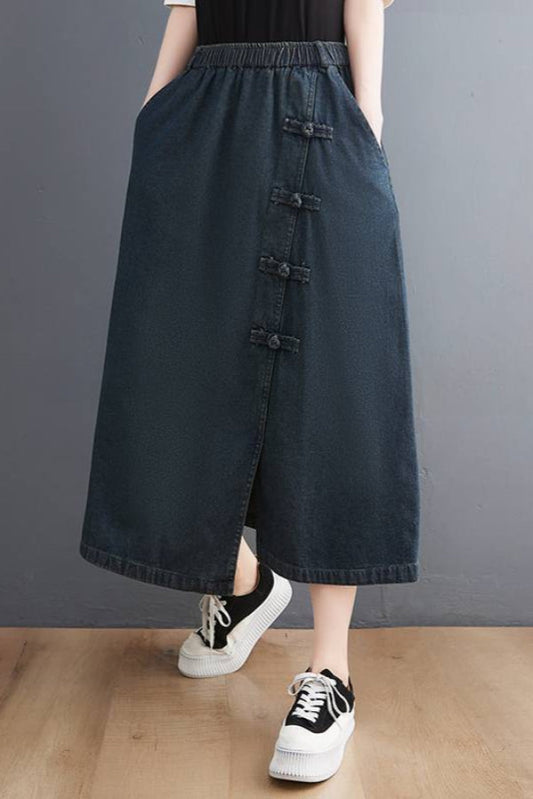 Damska Letnia Spódnica Z Mieszanki Denimu Z Retro Klamrą W Kolorze Granatowym