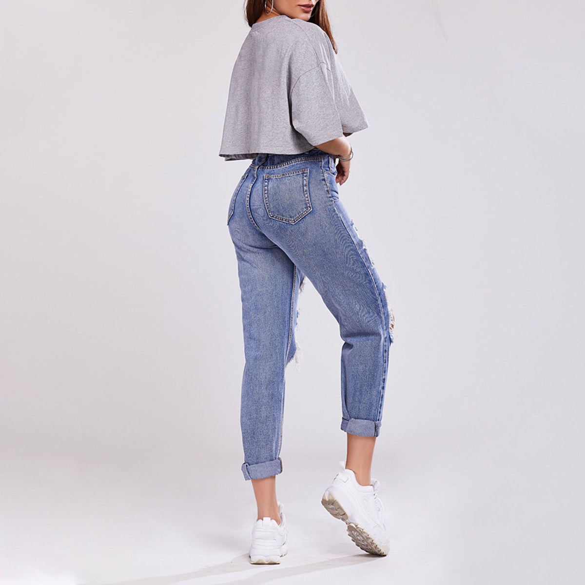 Damskie Spodnie Z Mieszanki Denimu Z Wysokim Stanem, Prostą Nogawką, Efektem Przetarć I Modelującym Pośladki Krojem