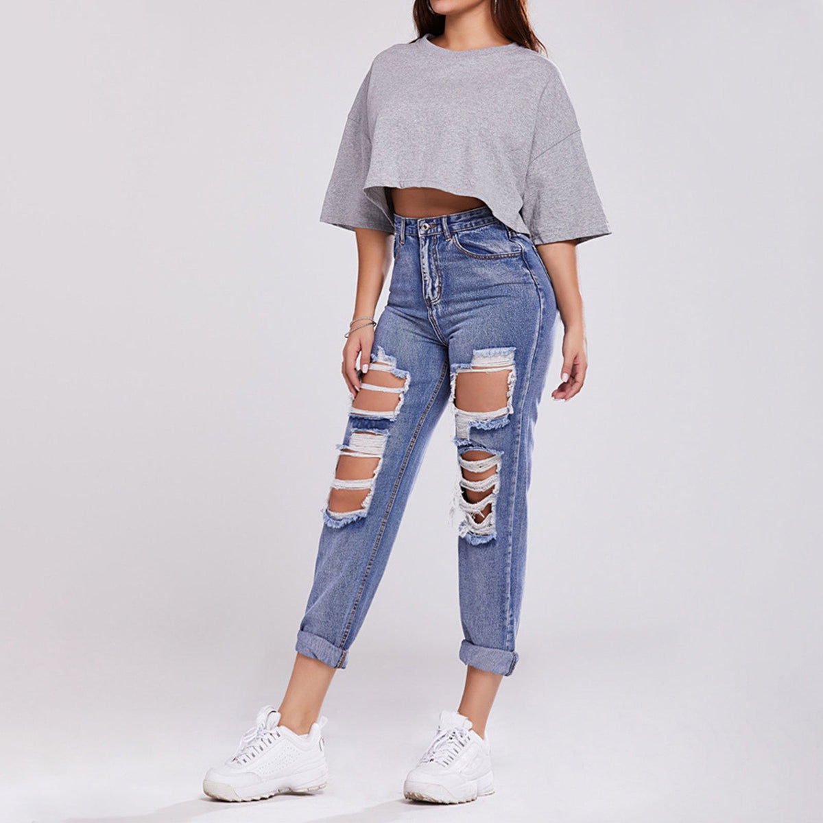 Damskie Spodnie Z Mieszanki Denimu Z Wysokim Stanem, Prostą Nogawką, Efektem Przetarć I Modelującym Pośladki Krojem