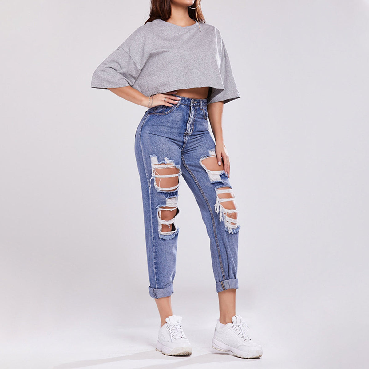 Damskie Spodnie Z Mieszanki Denimu Z Wysokim Stanem, Prostą Nogawką, Efektem Przetarć I Modelującym Pośladki Krojem
