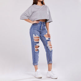 Damskie Spodnie Z Mieszanki Denimu Z Wysokim Stanem, Prostą Nogawką, Efektem Przetarć I Modelującym Pośladki Krojem