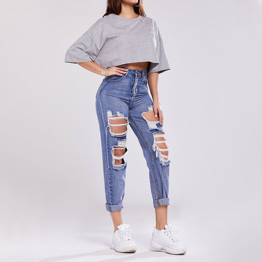 Damskie Spodnie Z Mieszanki Denimu Z Wysokim Stanem, Prostą Nogawką, Efektem Przetarć I Modelującym Pośladki Krojem