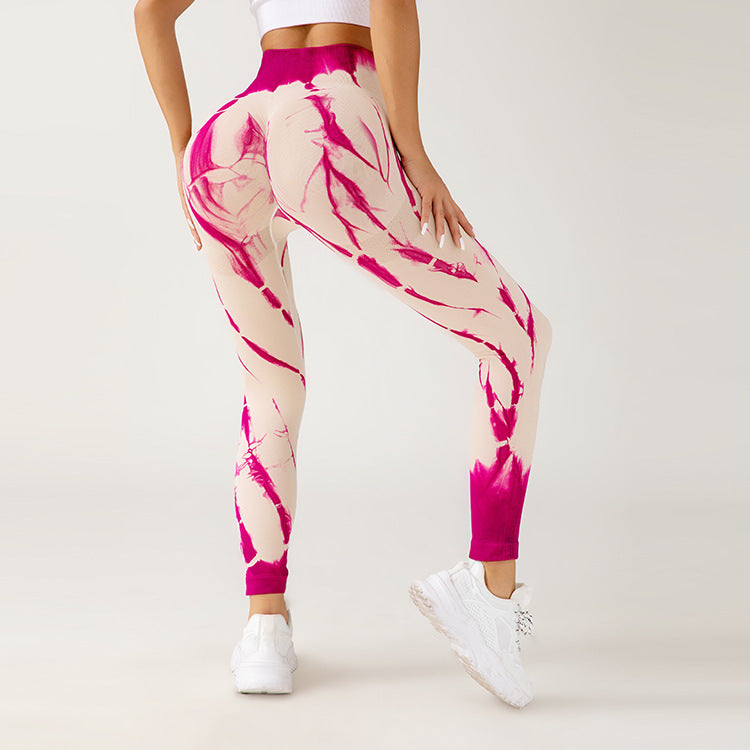 Damskie Bezszwowe Sportowe Spodnie Z Wzorem Tie-Dye I Wysoko Rozciagliwym Pasem