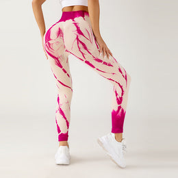 Damskie Bezszwowe Sportowe Spodnie Z Wzorem Tie-Dye I Wysoko Rozciagliwym Pasem