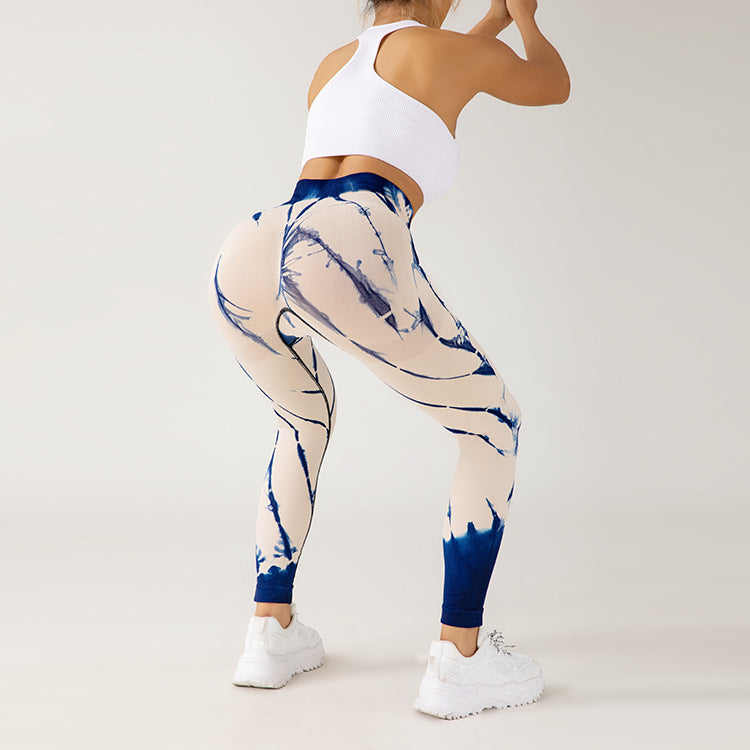 Damskie Bezszwowe Sportowe Spodnie Z Wzorem Tie-Dye I Wysoko Rozciagliwym Pasem