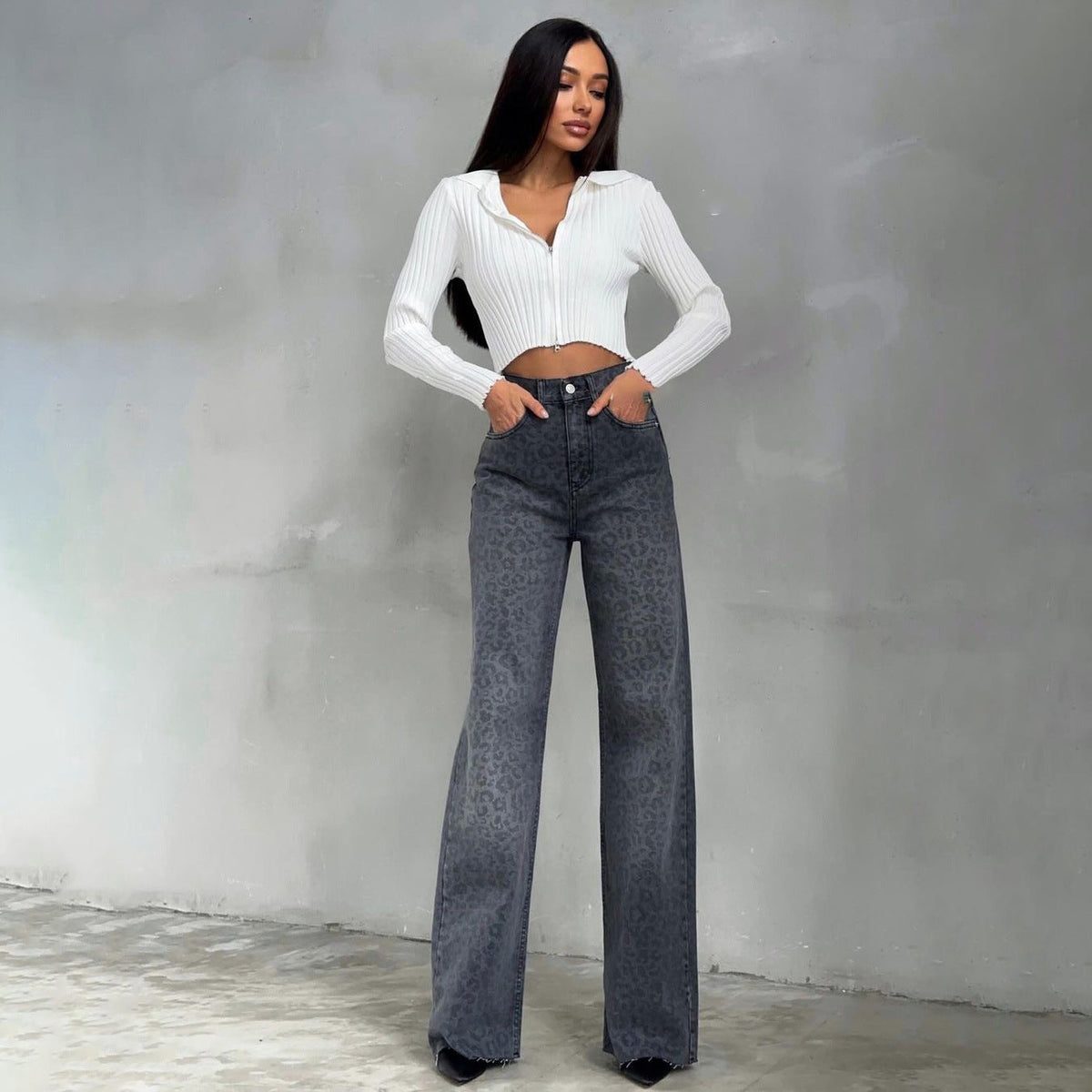 Damskie Jeansy Skinny z Wysokim Stanem i Wzorem Panterki