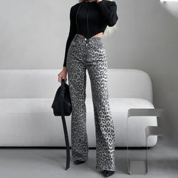 Damskie Jeansy Skinny z Wysokim Stanem i Wzorem Panterki
