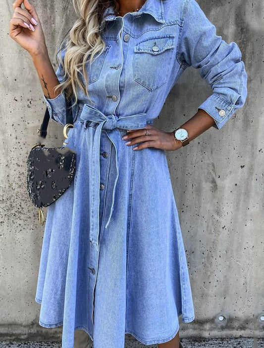 Sukienka Koszulowa Damska Midi Na Wiosnę z Denim Blend, Długim Rękawem i Kieszeniami