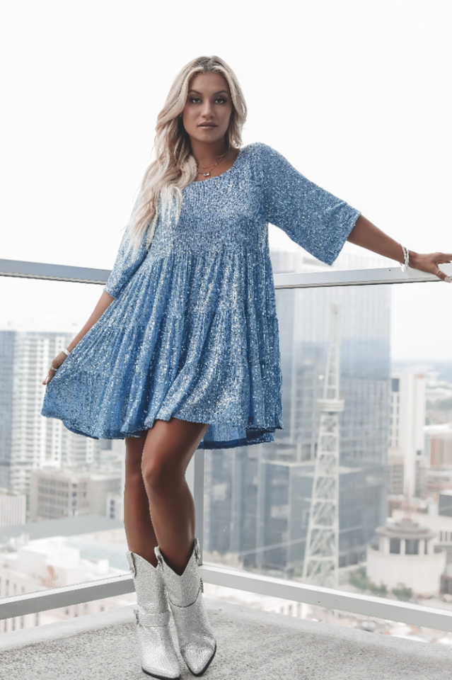 Damska Letnia Sukienka Mini O Kroju Babydoll Z Warstwowym Fasonem I Cekinowymi Zdobieniami