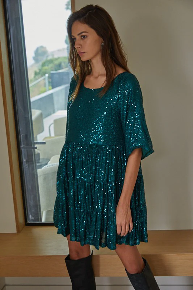 Damska Letnia Sukienka Mini O Kroju Babydoll Z Warstwowym Fasonem I Cekinowymi Zdobieniami