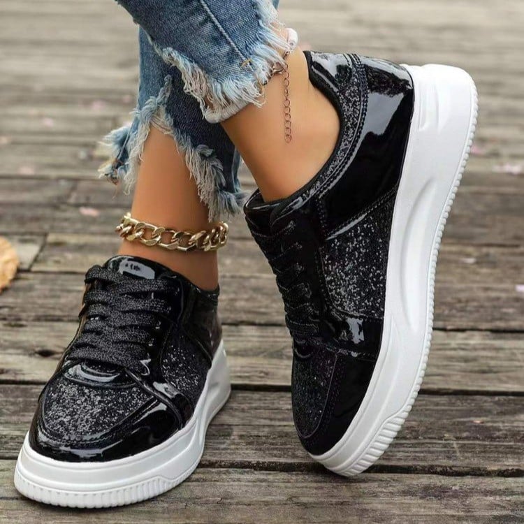 Damskie Sneakersy Sznurowane z Cekinowymi Detalami i Grubą Płaską Podeszwą