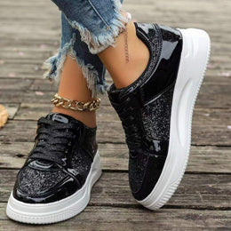 Damskie Sneakersy Sznurowane z Cekinowymi Detalami i Grubą Płaską Podeszwą