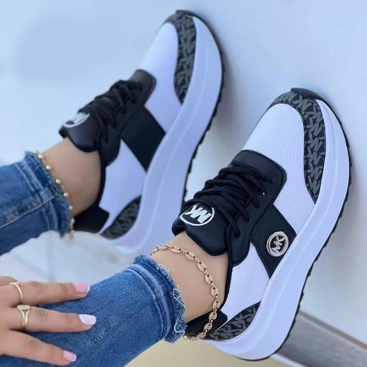 Damskie Sportowe Sneakersy Sznurowane z Grubą Podeszwą i Okrągłym Noskiem
