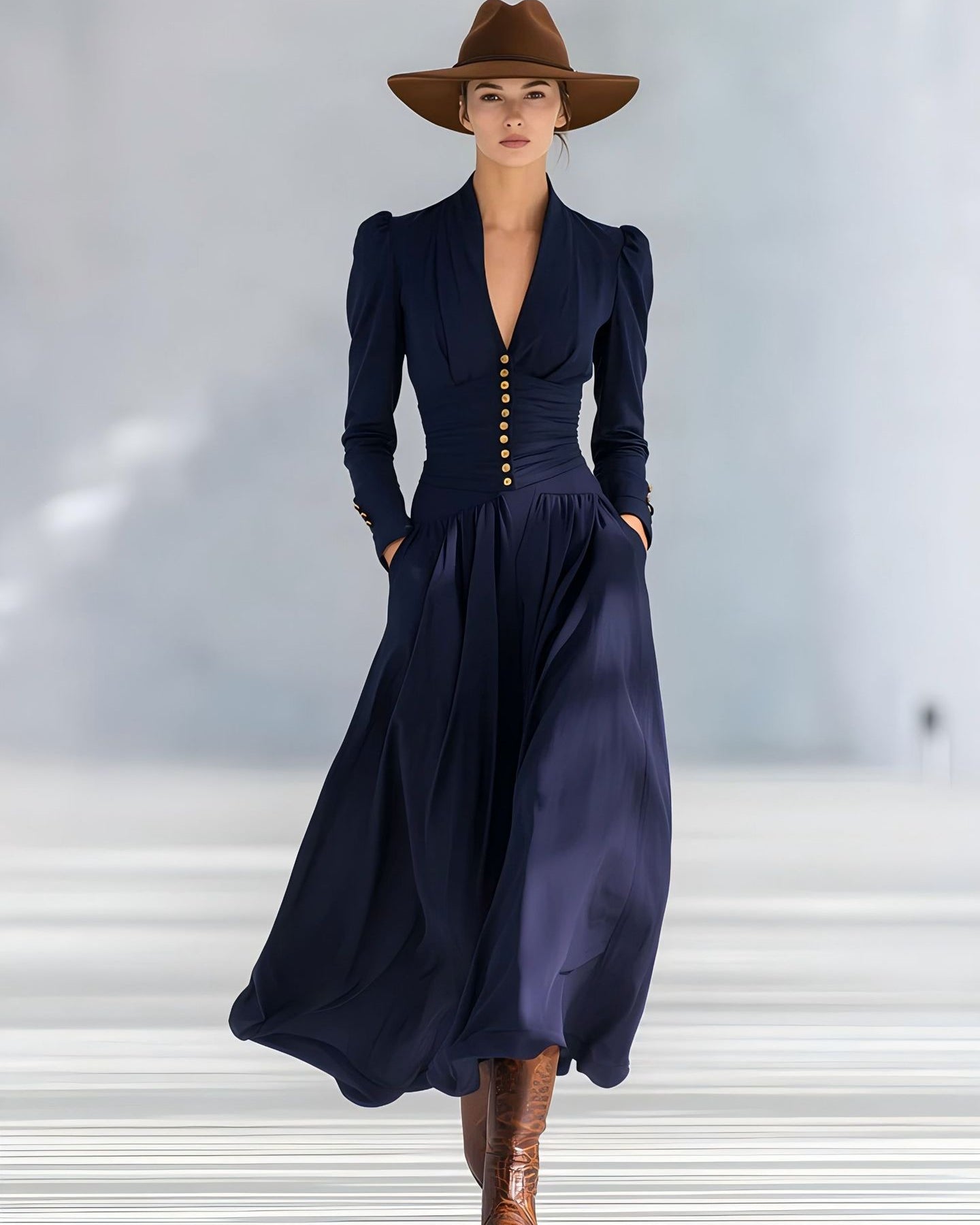 Damska Sukienka Jesienna Slim Fit – Wysoka Talia, Plisy, Długość Midi