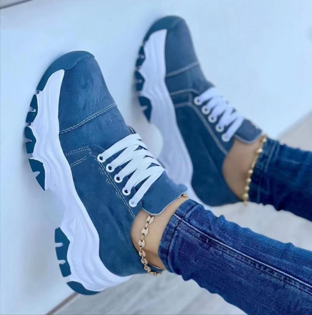 Damskie Letnie Sneakersy Sportowe na Platformie z Sznurowaniem, Okrągłym Noskiem i Średnim Obcasem