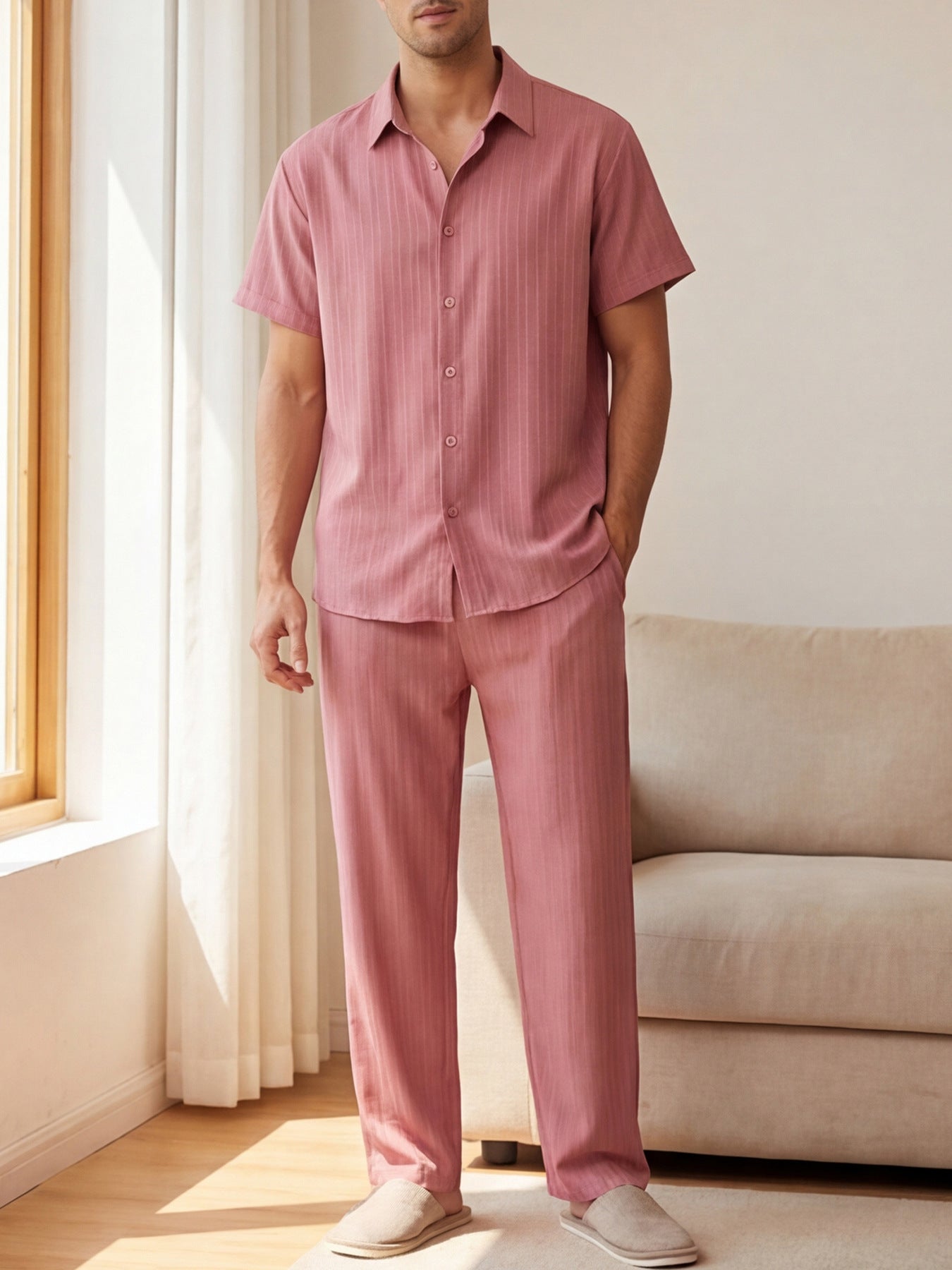 Męski Zestaw Loungewear W Paski Z Koszulą Na Krótki Rękaw I Długimi Spodniami