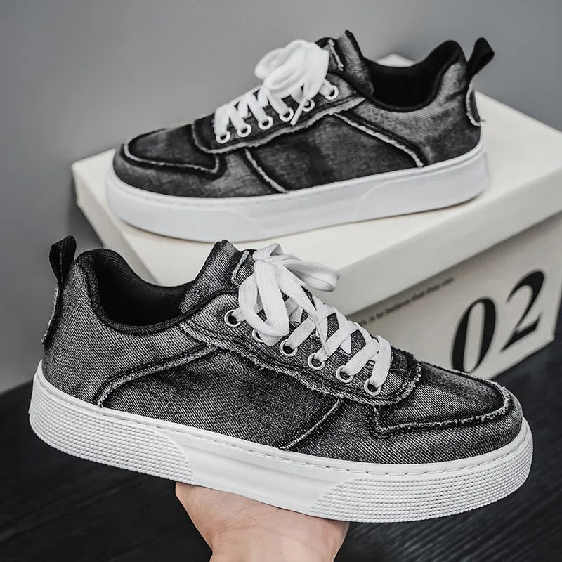 Męskie Sneakersy Niskie z Efektem Sprania i Sznurowaniem