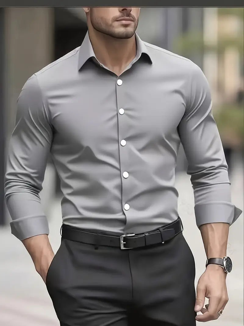Męska Koszula Wizytowa Z Długim Rękawem, Slim Fit, Oddychający Materiał