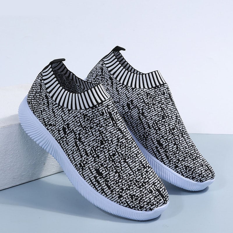 Damskie Dzianinowe Buty Typu Sock z Paskami, Okrągłym Noskiem i Płaską Podeszwą