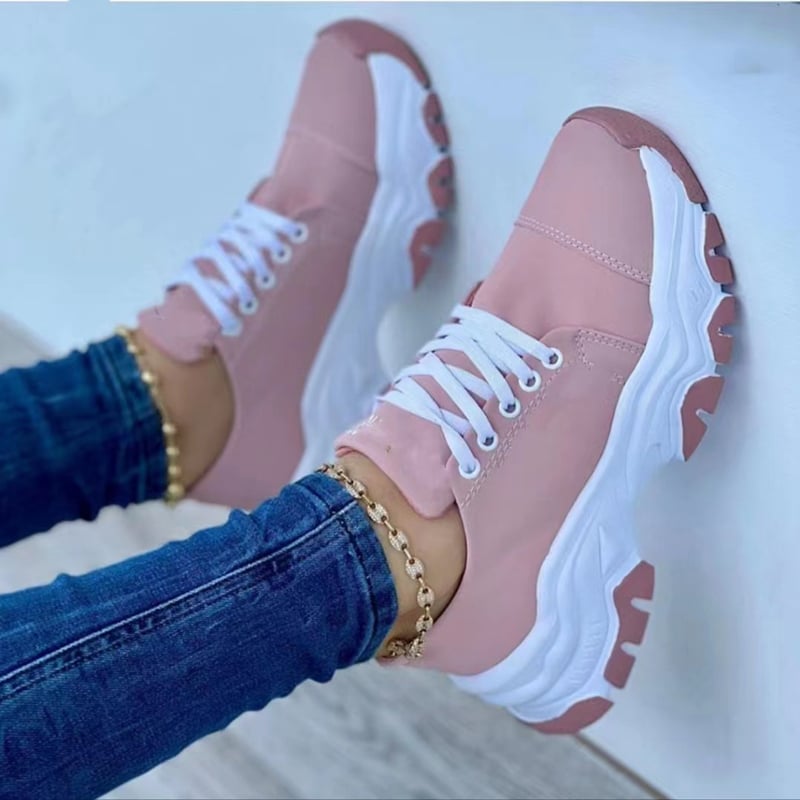 Damskie Letnie Sneakersy Sportowe na Platformie z Sznurowaniem, Okrągłym Noskiem i Średnim Obcasem