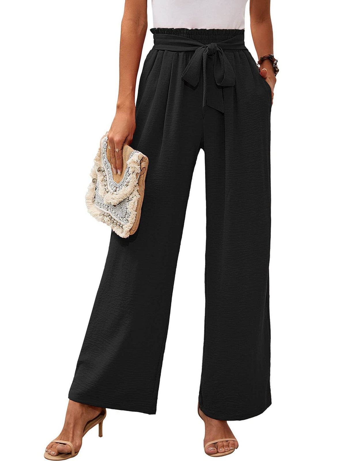 Damskie Spodnie z Wysokim Stanem, Wiązaniem w Pasie i Szerokimi Nogawkami
