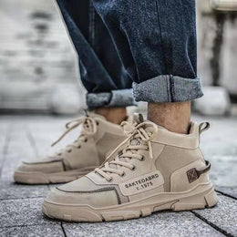 Męskie Buty Za Kostkę Sznurowane Typu Martin z Płócienną Cholewką i Koturnem