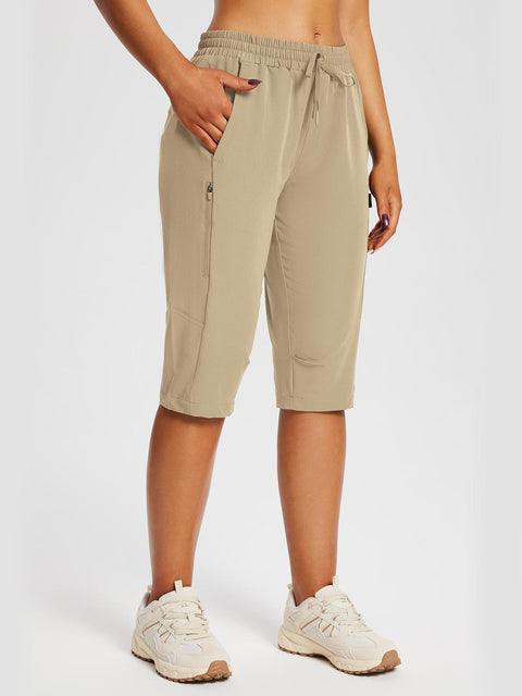 Damskie Spodnie Outdoor Capri z Kieszeniami i Regulowanym Pasem