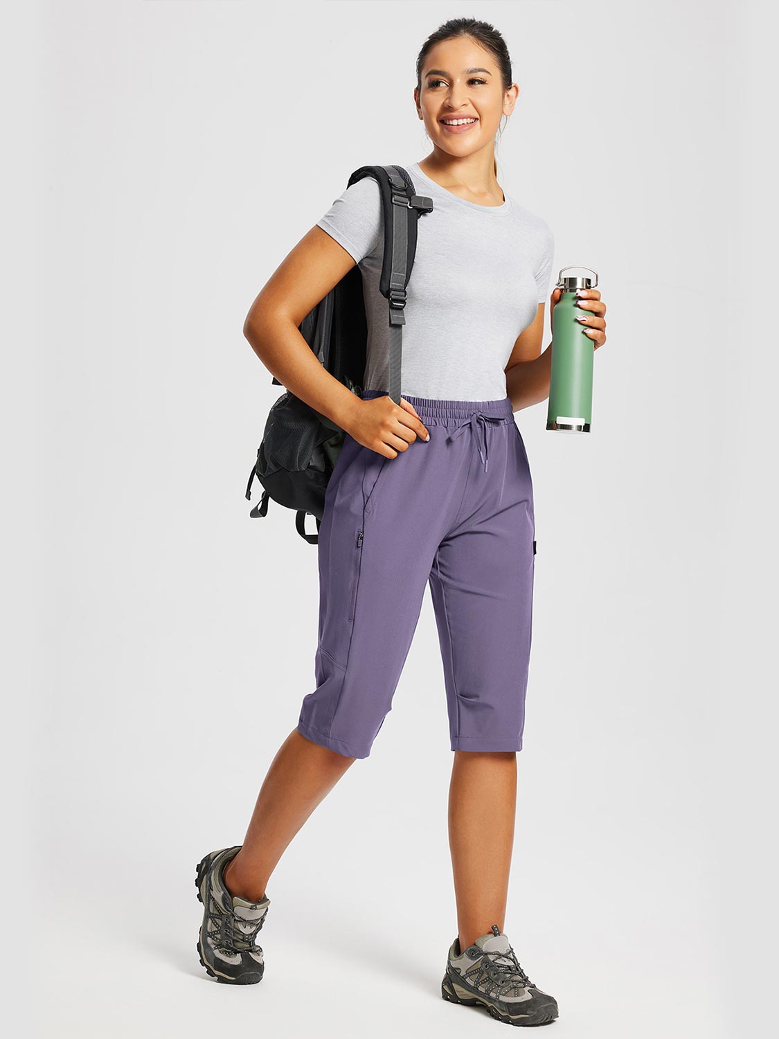 Damskie Spodnie Outdoor Capri z Kieszeniami i Regulowanym Pasem