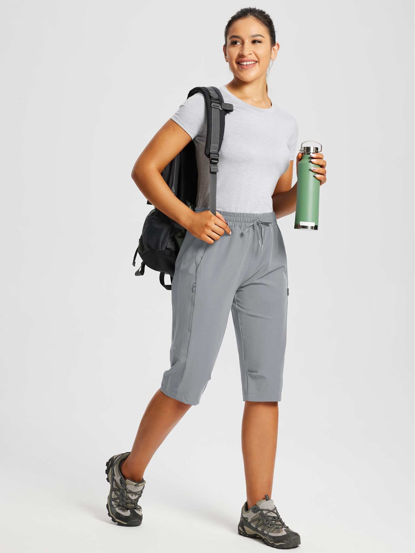 Damskie Spodnie Outdoor Capri z Kieszeniami i Regulowanym Pasem