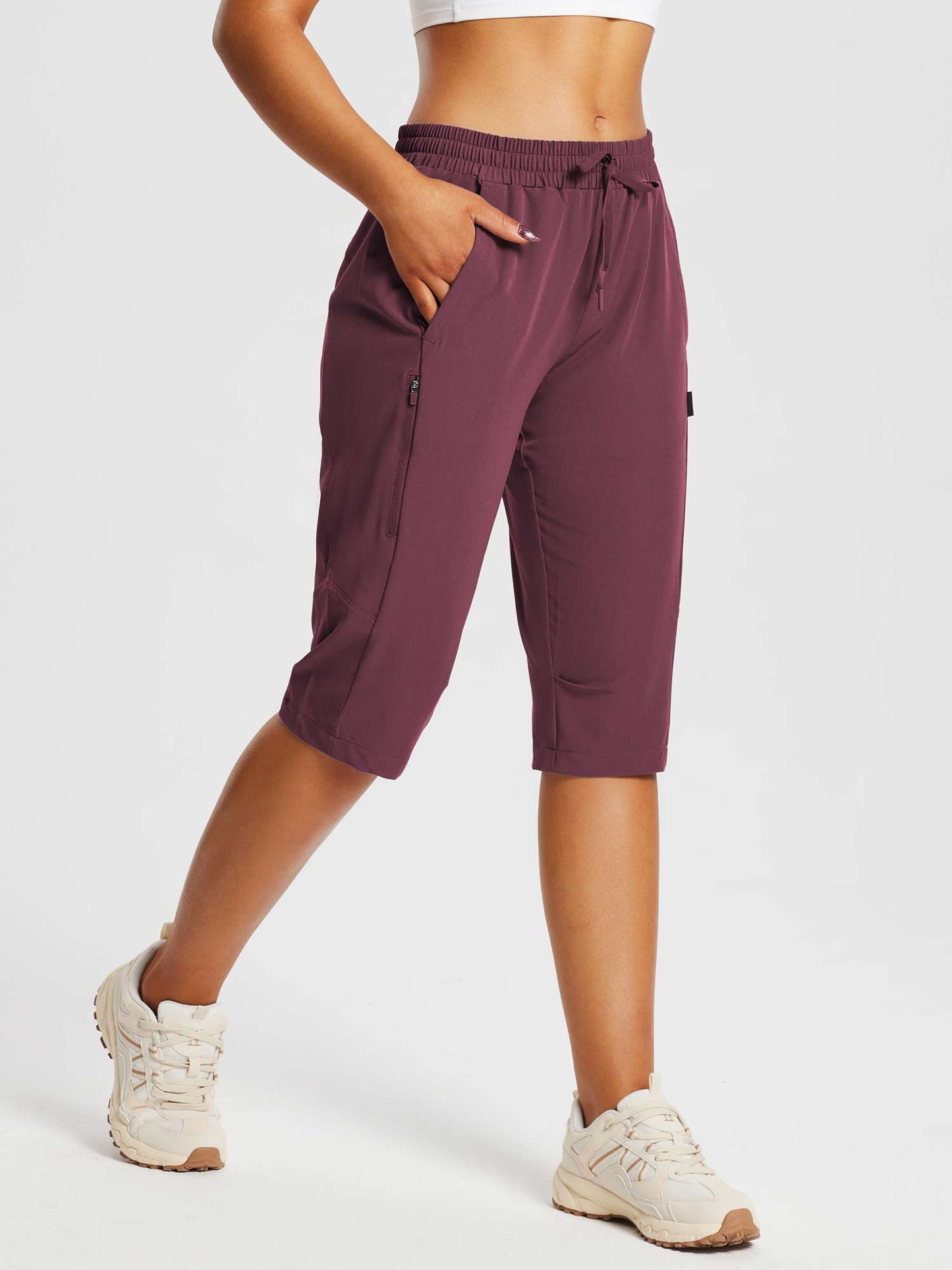 Damskie Spodnie Outdoor Capri z Kieszeniami i Regulowanym Pasem