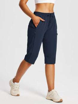 Damskie Spodnie Outdoor Capri z Kieszeniami i Regulowanym Pasem